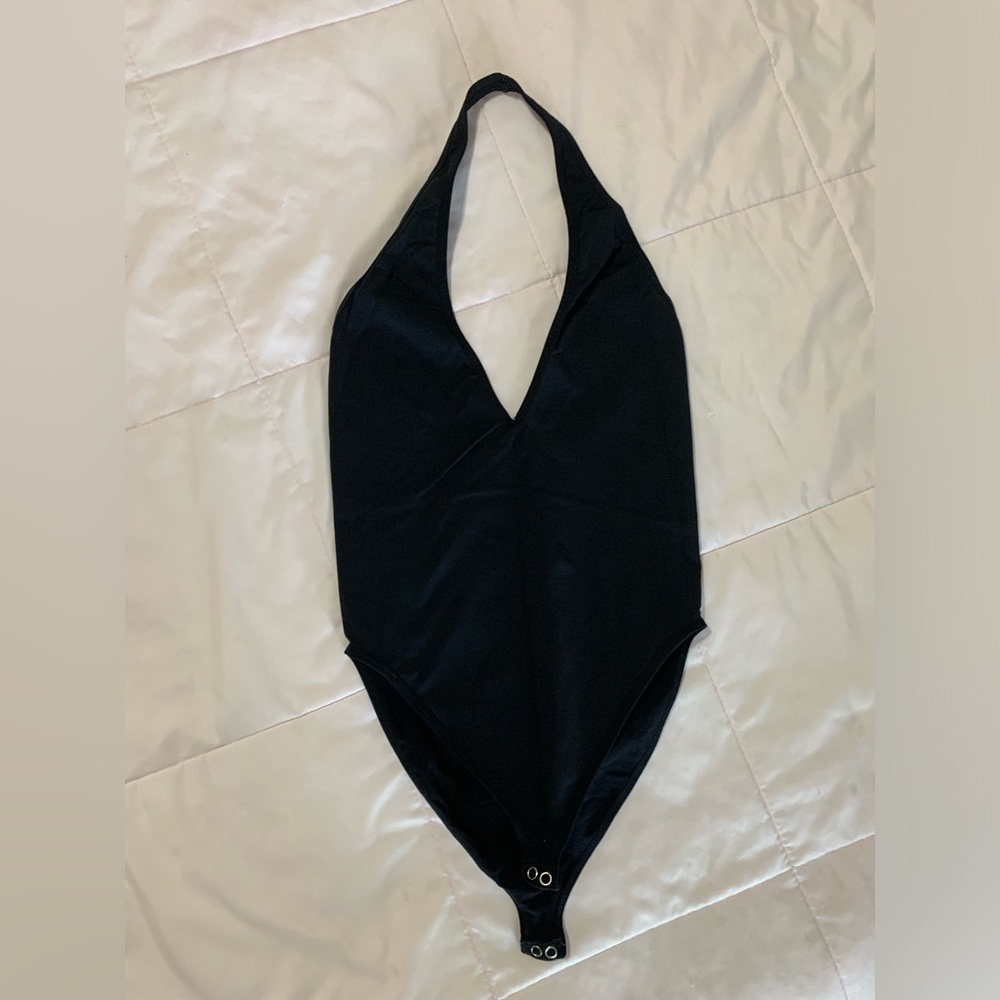 Black open back halter top bodysuit